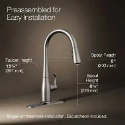 Compact pull-down kitchen sink faucet with three-function sprayhead