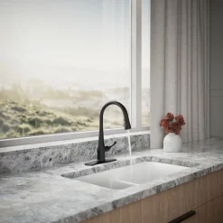 Compact pull-down kitchen sink faucet with three-function sprayhead