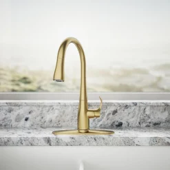 Compact pull-down kitchen sink faucet with three-function sprayhead