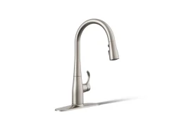 Compact pull-down kitchen sink faucet with three-function sprayhead