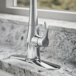 Compact pull-down kitchen sink faucet with three-function sprayhead