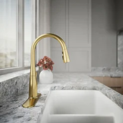 Compact pull-down kitchen sink faucet with three-function sprayhead