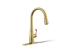 Compact pull-down kitchen sink faucet with three-function sprayhead