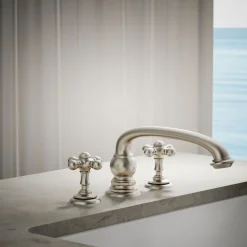 Deck-mount bath faucet handle trim with Cross design