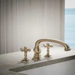 Deck-mount bath faucet handle trim with Cross design