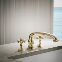 Deck-mount bath faucet handle trim with Cross design