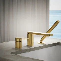 Deck-mount bath faucet with handshower
