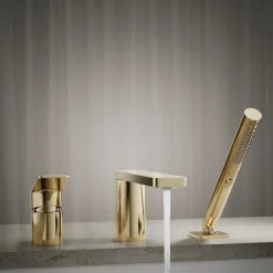 Deck-mount bath faucet with handshower