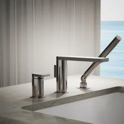 Deck-mount bath faucet with handshower
