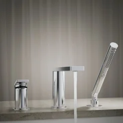 Deck-mount bath faucet with handshower