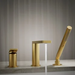 Deck-mount bath faucet with handshower