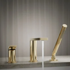 Deck-mount bath faucet with handshower