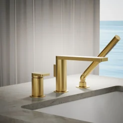 Deck-mount bath faucet with handshower