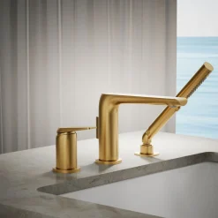 Deck-mount bath faucet with handshower