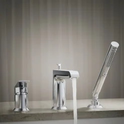 Deck-mount bath faucet with handshower
