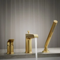 Deck-mount bath faucet with handshower