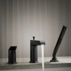 Deck-mount bath faucet with handshower