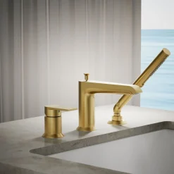 Deck-mount bath faucet with handshower