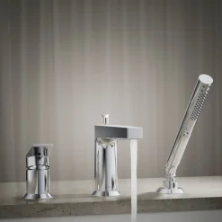 Deck-mount bath faucet with handshower