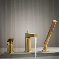 Deck-mount bath faucet with handshower