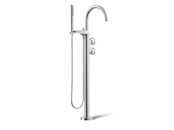 Floor-mount bath filler trim with industrial handles and handshower