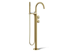 Floor-mount bath filler trim with industrial handles and handshower