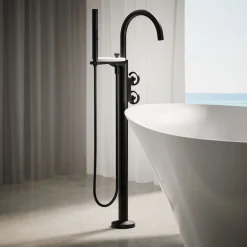 Floor-mount bath filler trim with industrial handles and handshower