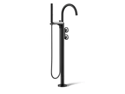Floor-mount bath filler trim with industrial handles and handshower