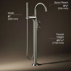 Floor-mount bath filler trim with industrial handles and handshower