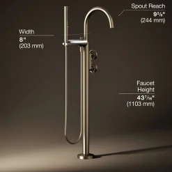 Floor-mount bath filler trim with industrial handles and handshower