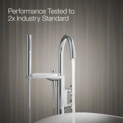 Floor-mount bath filler trim with industrial handles and handshower