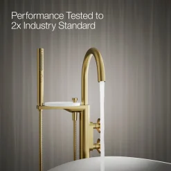 Floor-mount bath filler trim with industrial handles and handshower