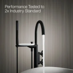 Floor-mount bath filler trim with industrial handles and handshower