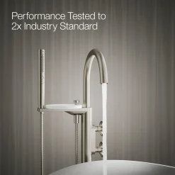 Floor-mount bath filler trim with industrial handles and handshower