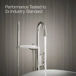 Floor-mount bath filler trim with industrial handles and handshower