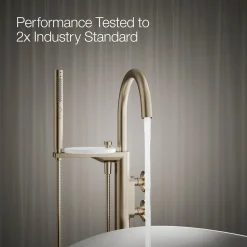Floor-mount bath filler trim with industrial handles and handshower