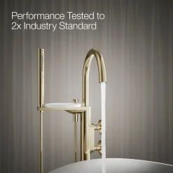 Floor-mount bath filler trim with industrial handles and handshower