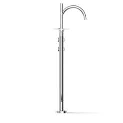 Floor-mount bath filler trim with industrial handles and handshower