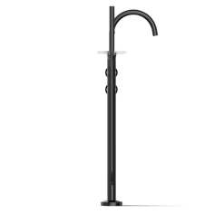 Floor-mount bath filler trim with industrial handles and handshower