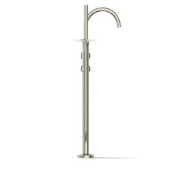 Floor-mount bath filler trim with industrial handles and handshower