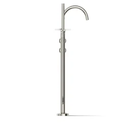 Floor-mount bath filler trim with industrial handles and handshower