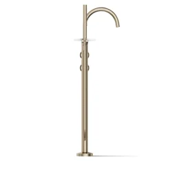Floor-mount bath filler trim with industrial handles and handshower