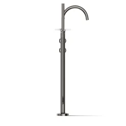 Floor-mount bath filler trim with industrial handles and handshower