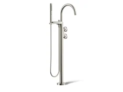 Floor-mount bath filler trim with industrial handles and handshower