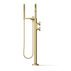 Floor-mount bath filler trim with industrial handles and handshower