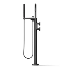 Floor-mount bath filler trim with industrial handles and handshower