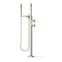 Floor-mount bath filler trim with industrial handles and handshower
