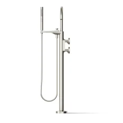 Floor-mount bath filler trim with industrial handles and handshower