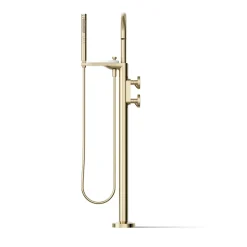 Floor-mount bath filler trim with industrial handles and handshower
