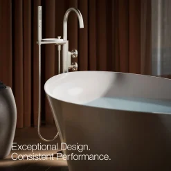 Floor-mount bath filler trim with industrial handles and handshower